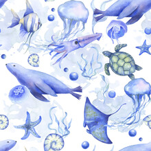 Watercolor Seal, Squid, Turtle And Jellyfish. Seamless Pattern On The Marine Underwater Theme. Ocean Animals