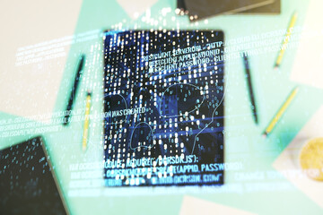 Poster - Double exposure of creative code skull hologram and digital tablet on background, top view. Malware and cyber crime concept