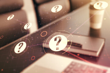 Aufkleber - Double exposure of question mark hologram on laptop background. Sociology and psychology concept