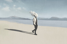 Illustration Of Man Walking With Cloud Over His Head, Surreal Abstract Concept