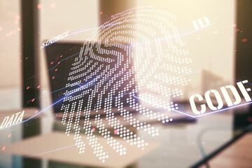 Poster - Multi exposure of abstract creative fingerprint illustration on modern laptop background, digital access concept