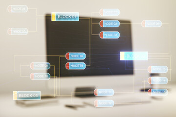 Fototapete - Double exposure of abstract programming language on laptop background, research and development concept
