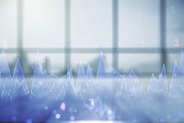 Poster - Multi exposure of stats data illustration on empty corporate office background, computing and analytics concept