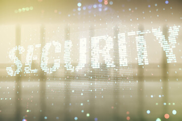 Poster - Virtual cyber security creative concept on abstract empty interior background. Double exposure