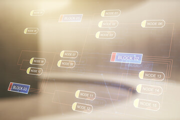 Poster - Double exposure of abstract creative programming illustration on empty room interior background, big data and blockchain concept