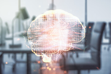 Poster - Virtual creative artificial Intelligence hologram with human brain sketch on a modern furnished classroom background. Double exposure