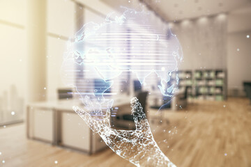 Aufkleber - Abstract creative digital world map on a modern furnished classroom background, globalization concept. Multiexposure