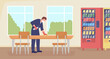 Cleaning cafeteria flat color raster illustration. Disinfecting desk and tables for lunch. Cleanup work. Cleaner in uniform 2D cartoon character with school hallway interior on background