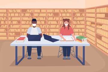 Poster - Studying in library flat color raster illustration. Pupils on laptop and books. Students in face masks studying at desk 2D cartoon characters with rows of bookshelves on background