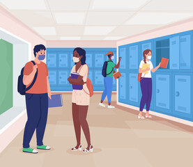 Poster - High school hallway flat color raster illustration. Pupils on class break talking in hallway. Education during pandemic. Students in masks 2D cartoon characters with lockers row corridor on background
