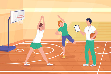 Poster - Basketball class flat color raster illustration. Coach training team members. Physical lesson. Students stretching before sports game 2D cartoon characters with school court interior on background