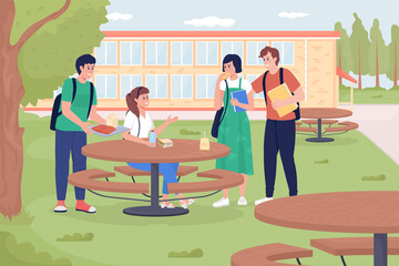 Poster - Outdoor school dining flat color raster illustration. Friends eat together. Backyard space for eating. Student meeting for lunch time 2D cartoon characters with college outside on background