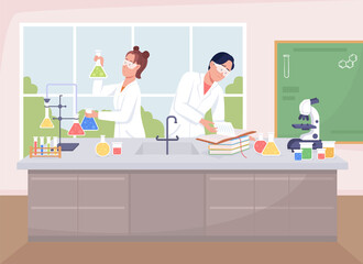Poster - School chemistry class flat color raster illustration. Conducting experiment with chemicals in beakers. Students in lab coats 2D cartoon characters with laboratory interior on background