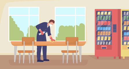 Poster - Cleaning cafeteria flat color raster illustration. Disinfecting desk and tables for lunch. Cleanup work. Cleaner in uniform 2D cartoon character with school hallway interior on background
