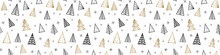 Golden Christmas Trees - Transparent Background. Banner. PNG Illustration