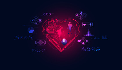 Wall Mural - abstract heart digital processing body heart rate blood oxygen interface health on blue modern background
