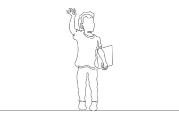Poster - one continuous line.kid with a laptop. education of children. the child is standing with a tablet. a