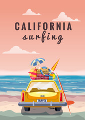 Wall Mural - Travel yellow car with luggage bags, surfboard on the beach. Tropical seachore, palms, sea, ocean, back view. Vector illustration retro cartoon