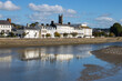 Riverside of the town of Barnstaple overlooking the River Taw in North Devon with spire of Holy Trinity church