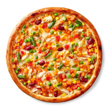 Top View Of Mexican Style Pizza With Chicken Sous Vide, Colorful Vegetable Mixture, Spicy Sauce And Mozzarella On White