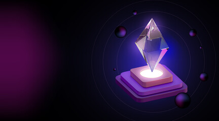 Diamond crystal in purple Illuminated from below tones on dark background. Wallpaper. 3d rendering