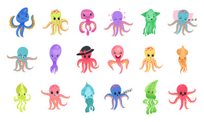 Wall Mural - Adorable Octopus, Squid and Jellyfish Characters Vector Big Set