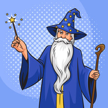 Wizard Magician Charmer Old Man Fairy Tale Fabulous Character With Magic Wand White Beard And Wizard Hat Pinup Pop Art Retro Vector Illustration. Comic Book Style Imitation.