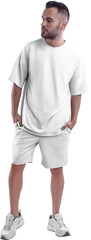 Poster - Oversize white t-shirt mockup, shorts, png, on a guy in sneakers, isolated on background, front.