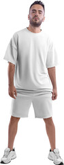 Poster - Oversize white t-shirt mockup, shorts, png, on a guy in sneakers, isolated on background, front.