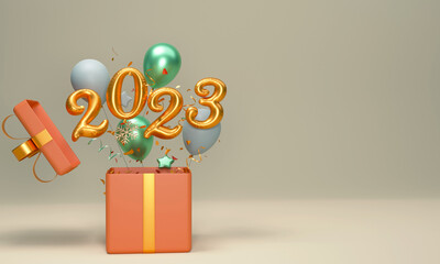 Poster - Golden Foil 2023 Number With Balloons, Confetti Coming Out Of 3D Gift Box Against Background.