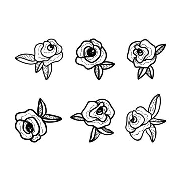 Hand drawn set of rose flowers in doodle style