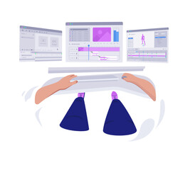 Poster - Graphic motion designer with hands sitting at computer desk and creating project. First-person view