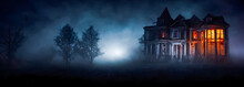 Haunted House. Creepy Atmosphere For Halloween. Fog, Moon Light. Illuminated Windows. Banner Header Size
