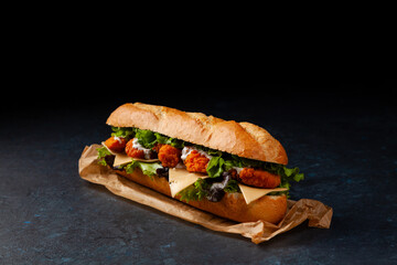 Wall Mural - Chicken sandwich in breadcrumbs. A long roll. Dark mood.