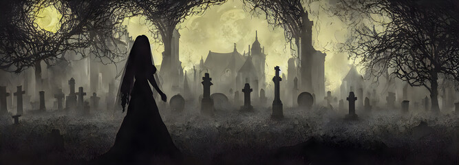 Halloween background. silhouette of a dead bride in a graveyard, cemetery. Moon light. Abstract concept. 3d