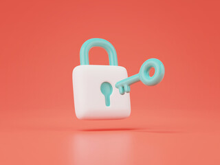 Poster - 3d render of padlock with key isolated on red.