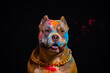 Portrait of a fighting dog in paint on a black background.