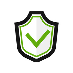 Poster - Protective shield with green check mark icon. Security and privacy sign with quality symbol for technology vector guarantee