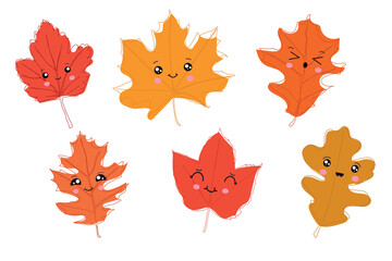 Wall Mural - Set of autumn leaves in kawaii style. Vector illustration isolated on white background.