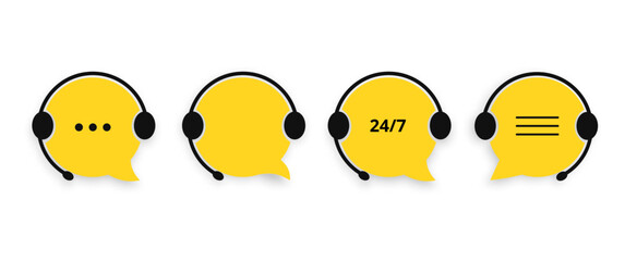 Poster - Support service chat icon set. Yellow speech bubbles in headphones assistants in technical problems and helpline with marketing vector consultants