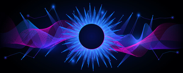 Poster - Futuristic dark sun on techno mesh waves background. Purple digital stream with neon beams and dynamic vector streaks