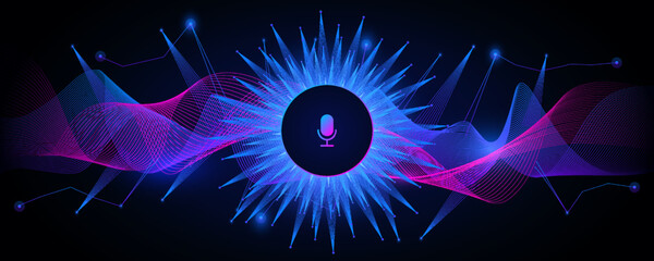 Poster - Neon digital waves with microphone in center background. Purple techno stream with blue beams and dynamic vector streaks