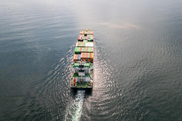 Large container ship at sea. Aerial view of cargo container ship vessel import export container sailing.