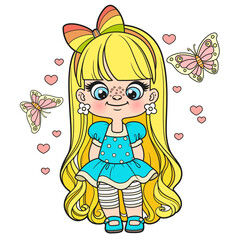 Sticker - Cute cartoon long haired girl in lush dress color variation for coloring page on a white background