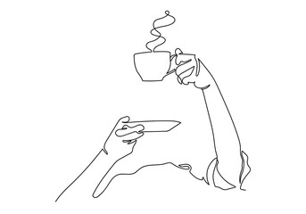 Wall Mural - One continuous line drawing of hands holding a cup of hot coffee.