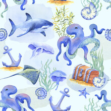 Watercolor Anchor, Octopus, Shark And Jellyfish. Seamless Pattern On The Marine Underwater Theme. Ocean Animals