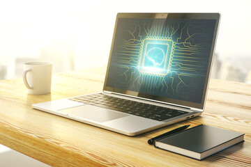 Poster - modern computer display with creative human brain microcircuit. future technology and ai concept. 3d