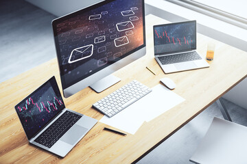 Poster - Creative abstract postal envelopes sketch on modern laptop monitor, e-mail and marketing concept. 3D Rendering