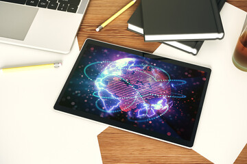 Aufkleber - Abstract digital world map with connections on modern digital tablet screen, big data and blockchain concept. Top view. 3D Rendering