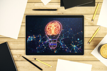Aufkleber - Creative light bulb with human brain hologram on modern digital tablet display, artificial Intelligence and neural networks concept. Top view. 3D Rendering